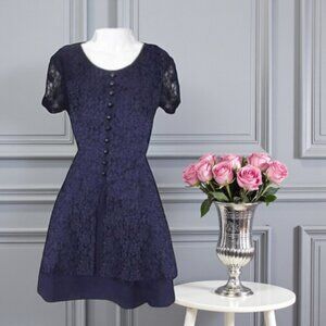 Vintage Brett Alixander Lace Overlay Tie Waist Short Sleeve Dress